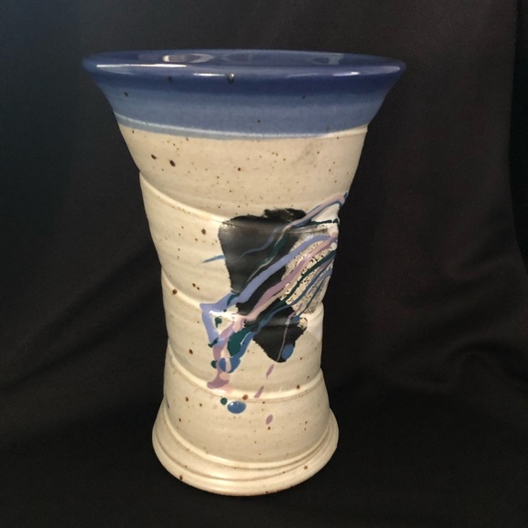 Vintage Artist Signed Cunningham Large Studio Pottery Vase - 1995 Tan Blue Mauve - Picture 13 of 13